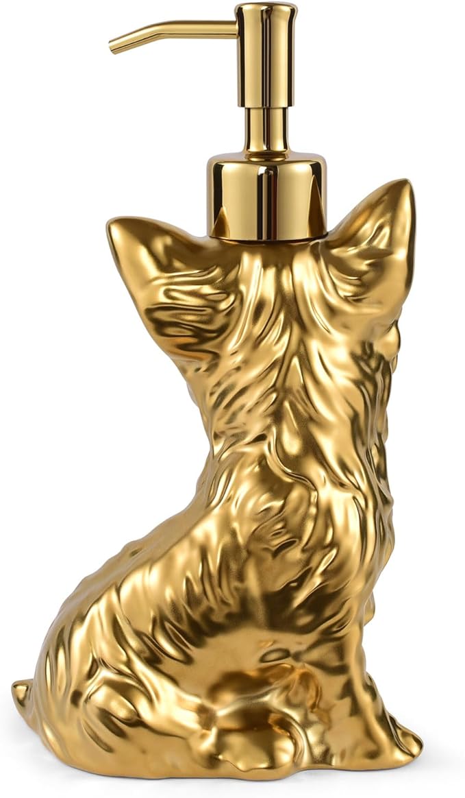 Yorkshire Terrier Shaped Soap/Lotion/Hand Sanitizer Dog Lover Stainless Steel Pump Dispenser for Dog Gifts, Refillable for Kitchen and Bathroom(Gold)