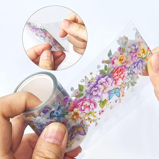 1 Roll Colorful Floral Washi Tape for Scrapbooking Scrap Booking Supples Kit Cute Butterfly Tapes Sticker Spring Flower Washi Tapes Transparent PET Tape Stickers for Journaling Junk Journal supplies