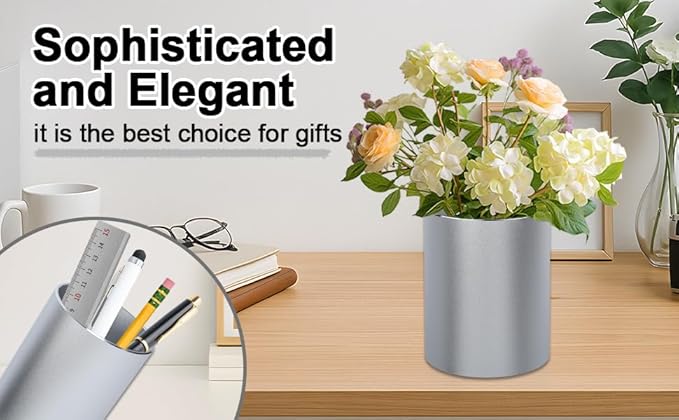 Metal Pen Holder Aluminum Pencil Holder Desktop Organizer Black for Office, School, Home 3.15 x 3.15 x 3.94 Inches-Silver