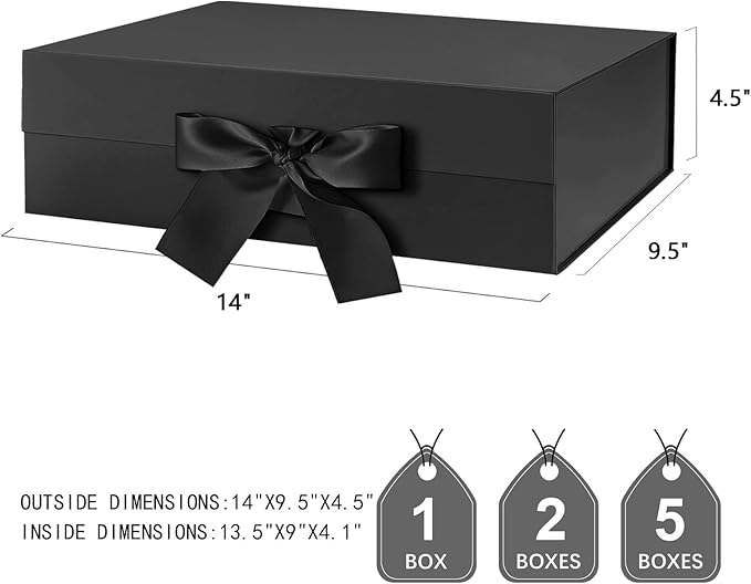 JINMING Large Gift Box with Ribbon 13.5x9x4.1 Inches, Black Box for Gifts, Groomsman Proposal Box for Mother's Day, Father's Day, Collapsible with Magnetic Closure