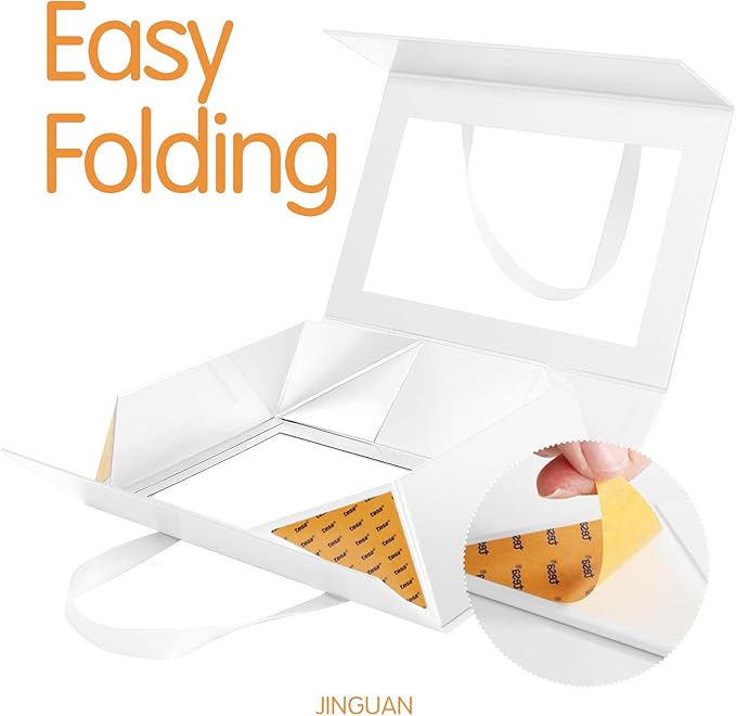 JINGUAN Large White Clear Gift Boxes, 13.5x9x4.1 Inches Gift Boxes with Windows by Handles, Bridesmaid Proposal Boxes, Collapsible Gift Boxes with Magnetic Closure (Glossy White, 5 Pack)