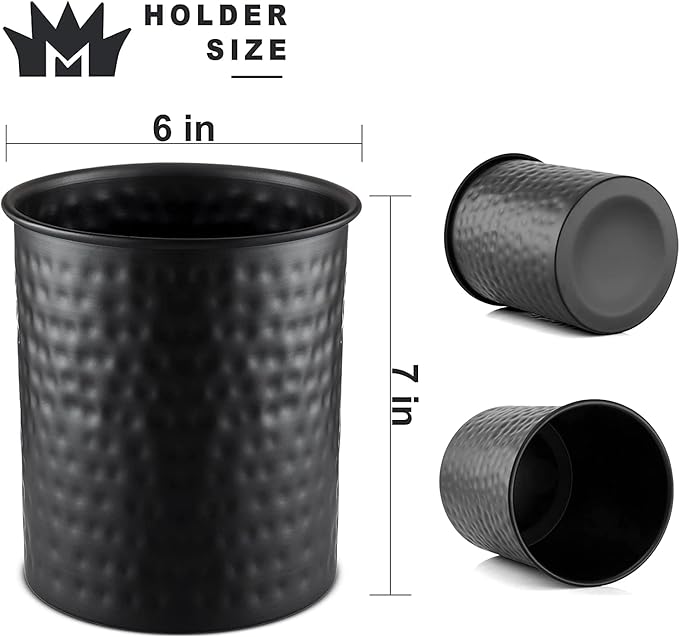 Monarch Abode Hand Hammered Kitchen Utensil Holder for Kitchen Counter, Spatula, Ladle, and Large or Small Spoon Holder, Decorative Cooking Utensil Crock Organizer for Countertop, Matte Black