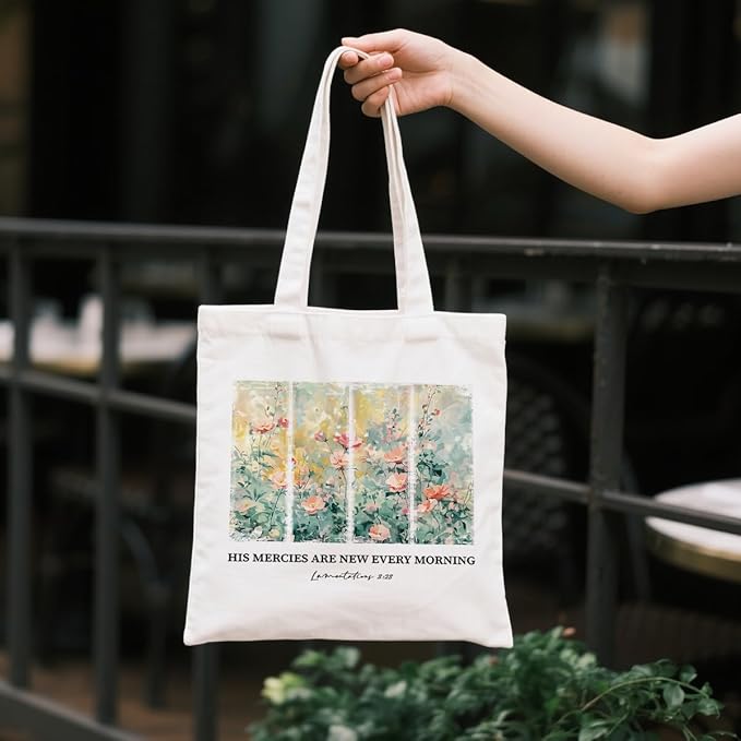 Funny Canvas Tote Bag, His Mercies Are New Every Morning Tote Bag, Christian Canvas Totes for Work Traveling, Reusable Grocery Shoulder Shopping Bags, Christmas Gifts to Women Friends