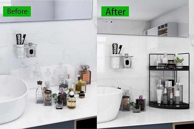 Dorhors 2-Tier Bathroom Counter Organizer,Vanity Counter Corner Shelf, Skincare, Wood Countertop Bathroom Storage and Organization for Kitchen (Black)