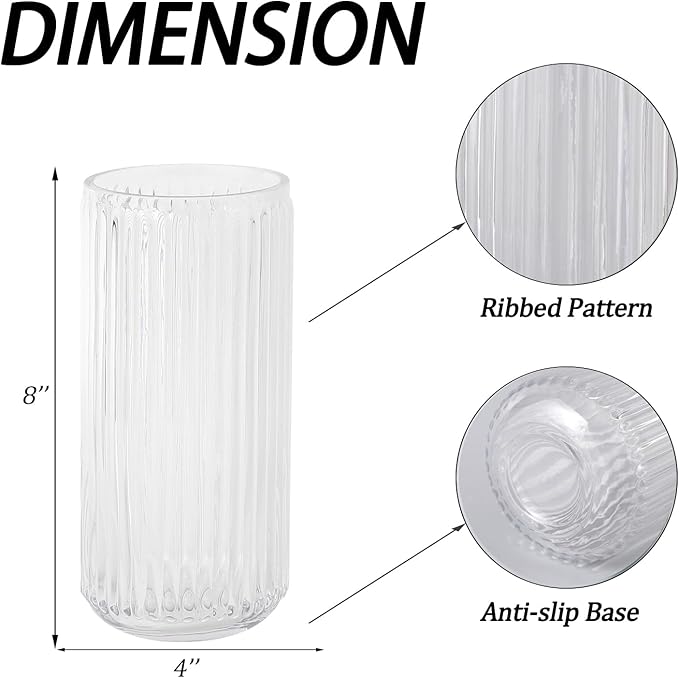 Ribbed Glass Vase,Flower Vase for Bouquet, Clear Glass Vases for Flowers, Modern Vases for Living Room, Bathroom, Dining Table, Office, Wedding, Centerpieces, 8 Inches