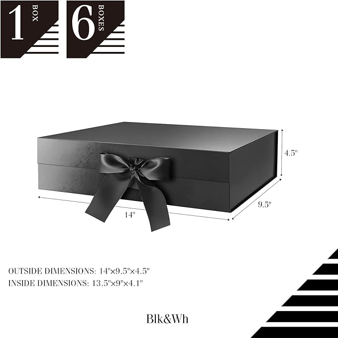 BLK&WH 6 Large Gift Boxes with Ribbon 13.5x9x4.1 Inches, Black Gift Boxes with Lids Large, Groomsmen Boxes, Luxury Magnetic Boxes for Presents (Glossy Black)