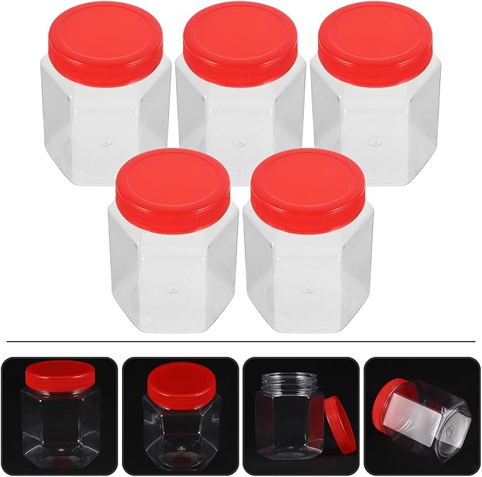 5pcs Airtight Hexagonal Storage Canisters with Lids Dry Food Jars for Kitchen Pantry Cereals Nuts Preservation Transparent Plastic Containers