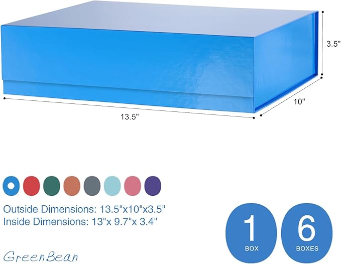 GREEN BEAN Gift Box 13x9.7x3.4 Inches, Large Blue Gift Box with Lid for Presents, Magnetic Shirt Gift Boxes for Clothes(Glossy Metallic Blue, Dot Design Inside)