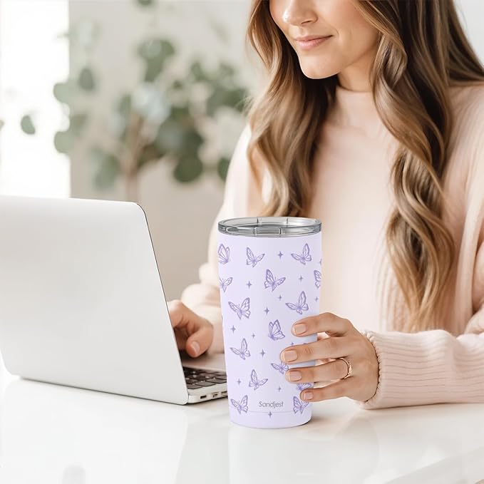 SANDJEST Butterfly Tumbler 20oz, Stainless Steel Travel Cup with Lid, Insulated Coffee Mug, Butterfly Gifts for Women Girls Friends Sisters on Birthday Christmas
