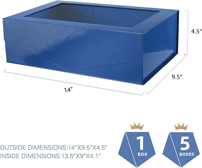 PACKQUEEN 5 Large Blue Easter Gift Boxes with Windows, 13.5x9x4.1 Inches Clear Gift Boxes for Presents Contain Ribbons, Cards, Groomsmen Proposal Boxes, Boxes with Magnetic Lids (Glossy Blue)