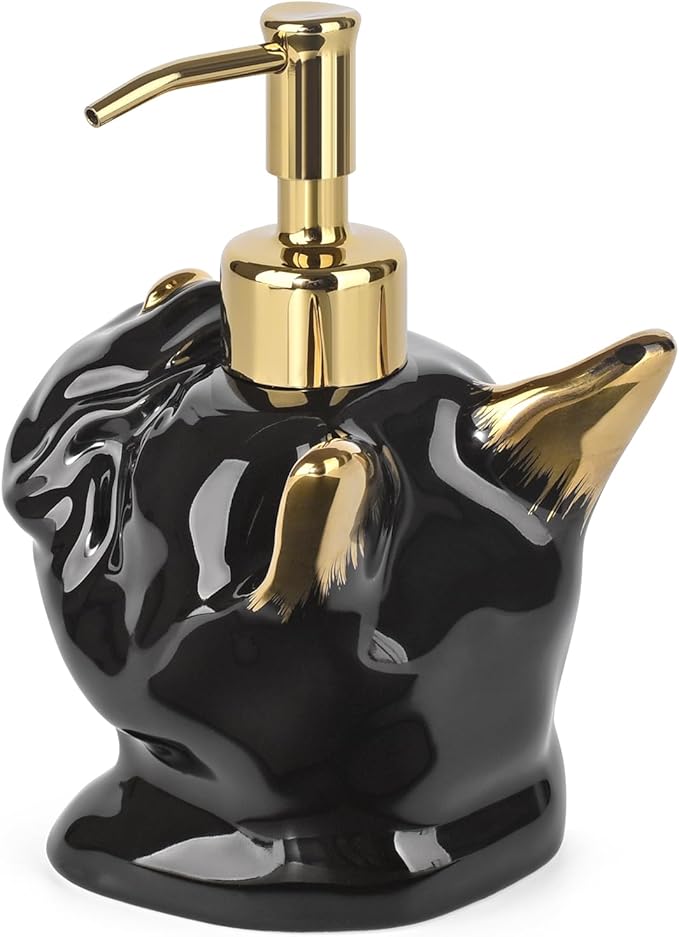 French Bulldog Shaped Soap/Lotion/Hand Sanitizer Bulldog Ceramic Stainless Steel Pump Dispenser Gifts for Lover, Refillable for Kitchen and Bathroom(Gold/Black)