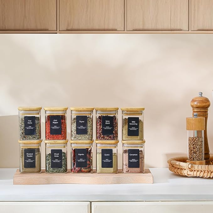 10Pcs 7oz Spice Jars Glass Container with 275 Labels, Airtight Seasoning Empty Organizer with Bamboo Lid Set for Pepper, Salt, Sugar