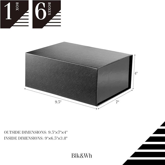 BLK&WH 6 Gift Boxes 9x6.5x3.8 Inches, Black Gift Boxes, Gift Boxes with Lids, Collapsible Gift Boxes for Gift Packaging (Glossy Black with Grass Texture)