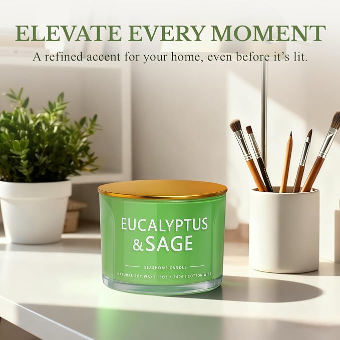Sage & Eucalyptus Candle, Large 3 Wick 12oz Soy Candle for Home Scented, Luxury Elegant Jar Candle Gift for Women & Men, Long-Lasting Non-Toxic Burn 60+ Hours, Home Decor