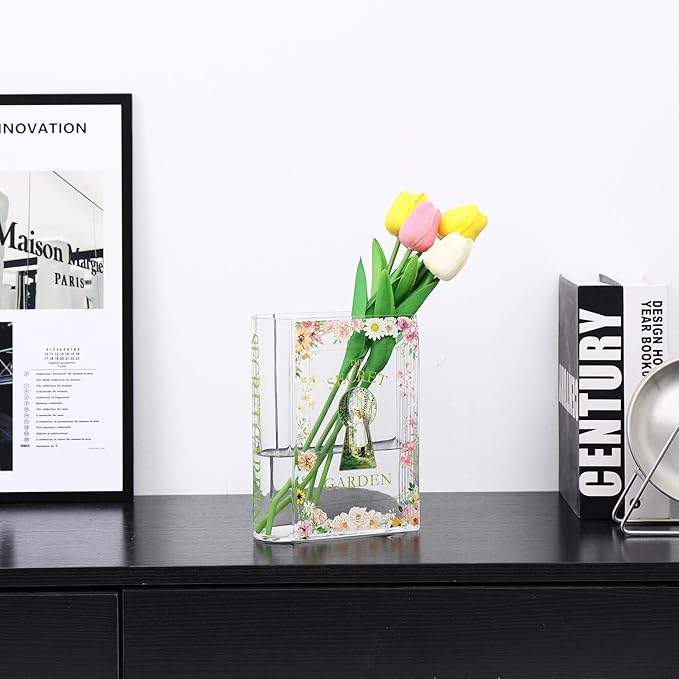 Book Vase for Flowers, Glass Book Shaped Vase, Clear Flower Vases, Book Glass Vases for Bedroom, Living Room, Office, Bookshelf, Coffee Table, Book Lovers Gifts(SG)