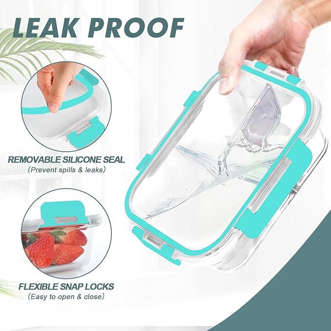 KOMUEE Glass Meal Prep Containers 3 Compartments, 5 Pack 36 oz, Glass Food Storage Containers with Lids, Airtight Lunch Bento Box, Portion Control, Freezer and Microwave Safe, Green