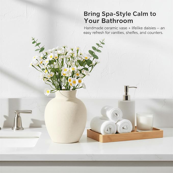 6-Inch Off-White Ceramic Flower Vase, Rustic Farmhouse Boho Pottery Centerpiece for Home Decor, Table, Living Room & Mantel