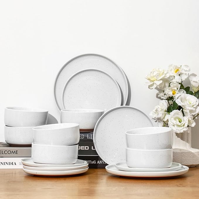 GZG Modern Art Series - 18 Pcs Speckled Stoneware Plates and Bowls Sets, Ceramic Dinnerware Set with Rustic Terracotta Underside, Microwave and Dishwasher Safe Handcrafted Dishes Set - Porcelain White