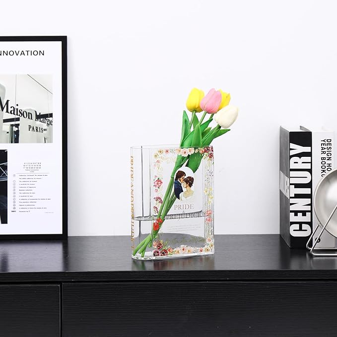 Book Vase for Flowers, Glass Book Shaped Vase, Clear Flower Vases, Large Glass Vases for Home, Office, Bedroom, Living Room, Dining Table, Bookshelf(Pride)