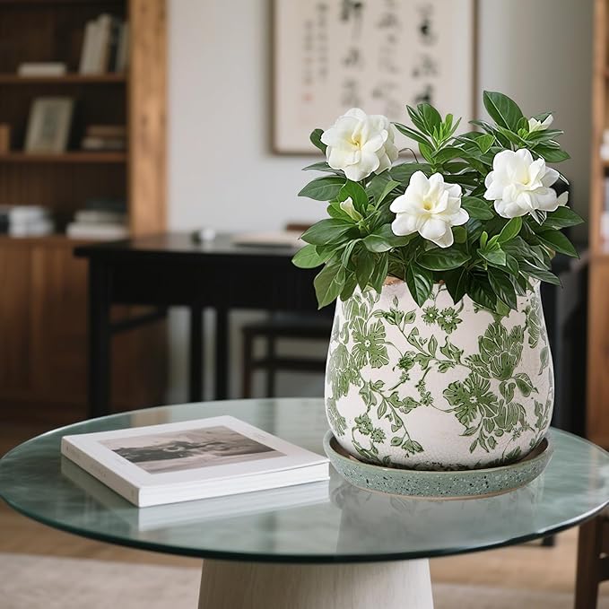 Ceramic-Planters-for-Indoor-Plants with Saucer, 6 inch Vintage Ice Crack Glaze Plant Pots with Drainage Holes, Decorative Flower Pots for Outdoor Garden Home Decor, Tuscan Pot for Plant