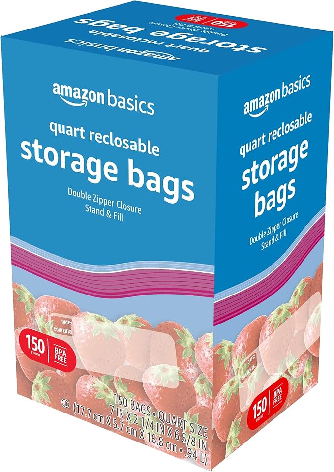 Amazon Basics Reclosable Quart Food Storage Bags, BPA Free, 150 Count