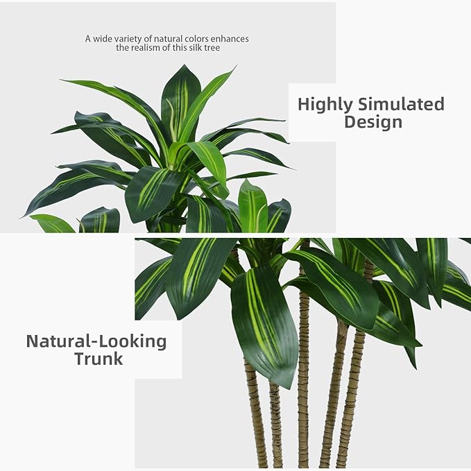 Artificial Dracaena Plant Indoor 5FT - Fake Tree with Gray Tall Planter - Faux Yucca Tree Tall Fake Floor Plant in Pot - Artificial Trees for Home Office Indoor