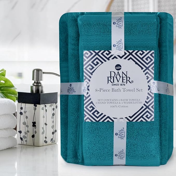 DAN RIVER 8 PC Luxury Bath Towels for Bathroom, 2 Bath, 2 Hand, and 4 Wash Cloths, 600 GSM 100% Ring Spun Cotton Towel Set, Highly Absorbent, Gym, Hotel, and Spa, Teal