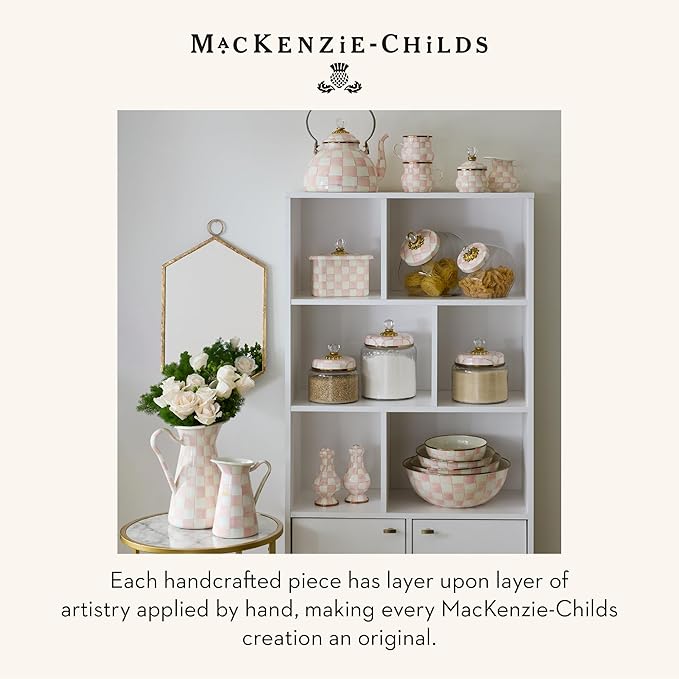 MACKENZIE-CHILDS Set of 3 Everyday Mixing Bowls, Small, Medium, and Large Stoneware Bowls for Kitchen Use, Pink-and-White Rosy Check