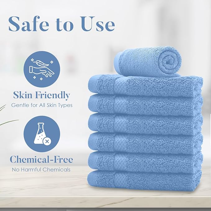 DAN RIVER 12-Pack Premium 100% Cotton Medium Blue Face Towels – Reusable Face Towel Set, Soft & Absorbent washcloths for Showering – Hand and Face Towels, 550 GSM (12x12 in)