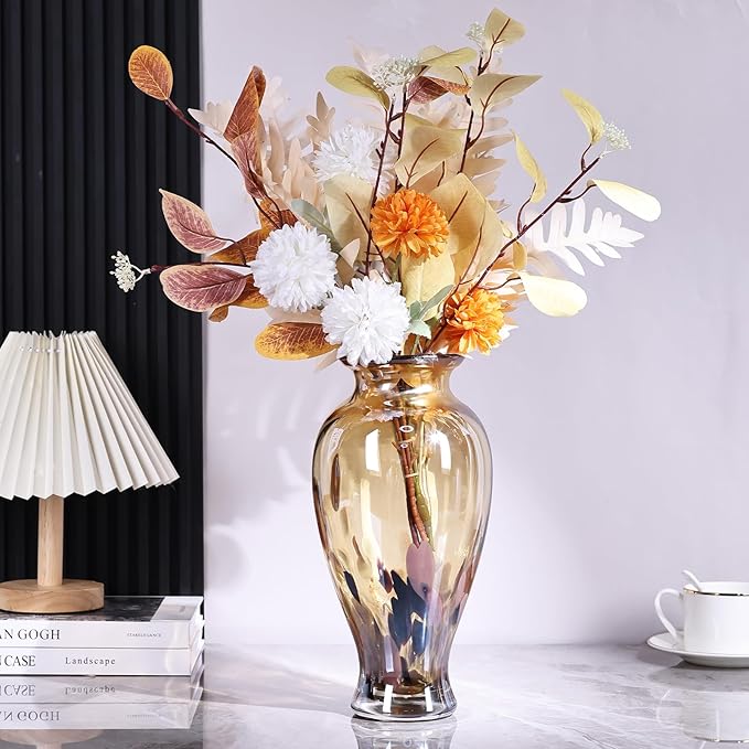 Hand Blown Glass Vase 11.8" Tall Beautiful Amber Gold Sea Wide Mouth Bud Vase for Table Centerpiece, Painted Colorful Murano Glass Flower Vases for - Home Entrance Wedding Center