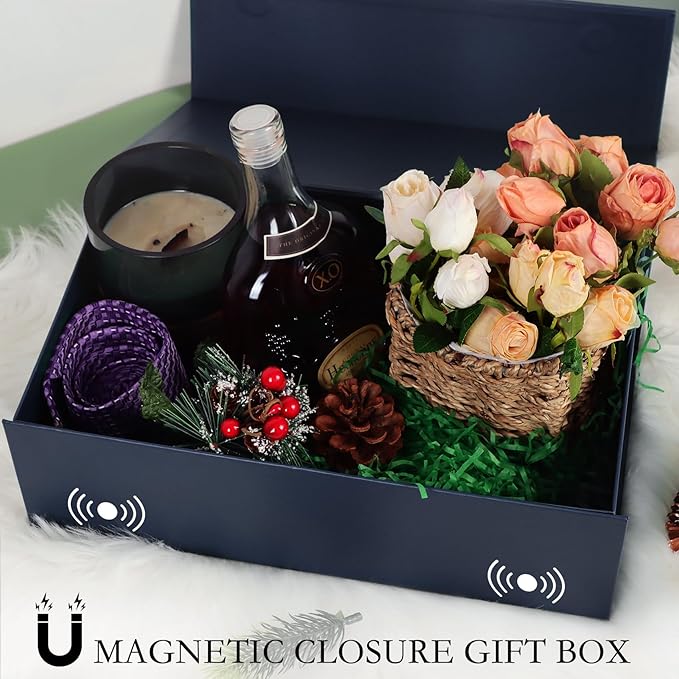 Navy Blue Gift Box with Magnetic Lids 13.8x8.3x4.4 in, Bridesmaid Groomsman Proposal Box, Large Rectangle Storage Box 1 Pack