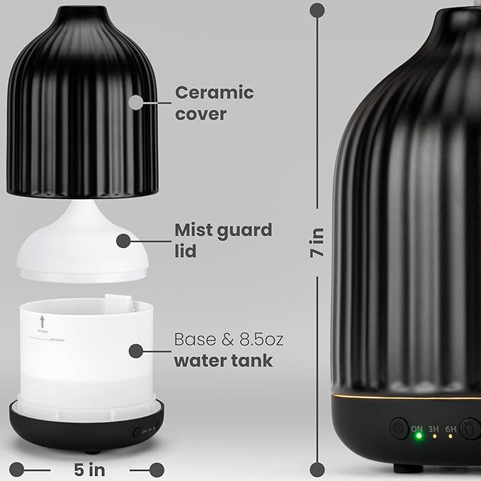 MALMØ Ceramic Diffuser (250ml) - Essential Oil Diffuser Black - Aromatherapy Diffuser - Non Toxic Oil Diffuser for Home