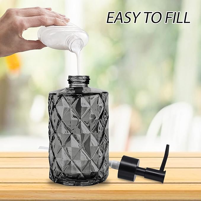 11oz Glass Soap Dispenser with Plastic Pump, Clear & Black Diamond Design Refillable Hand Soap Dispenser for Hand Wash and Dish Wash for Dishwashing Liquid, Lotion Shower Gel