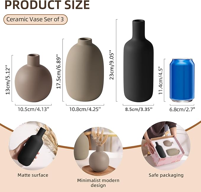 Smiletag Ceramic Modern Farmhouse Vase, Neutral Small for Table, Living Room, Shelf, Bookshelf and Entryway Décor, Set of 3