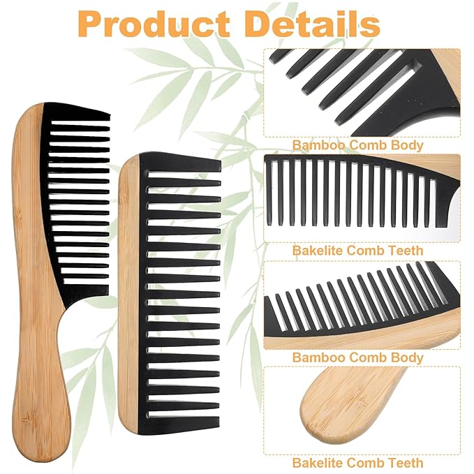 Bamboo Wide Tooth Comb Set, 2 Pcs Natural Handmade Bamboo Wooden Wide Tooth Comb for Women, Anti-Static for Thick Wet Wavy Hair Women Men