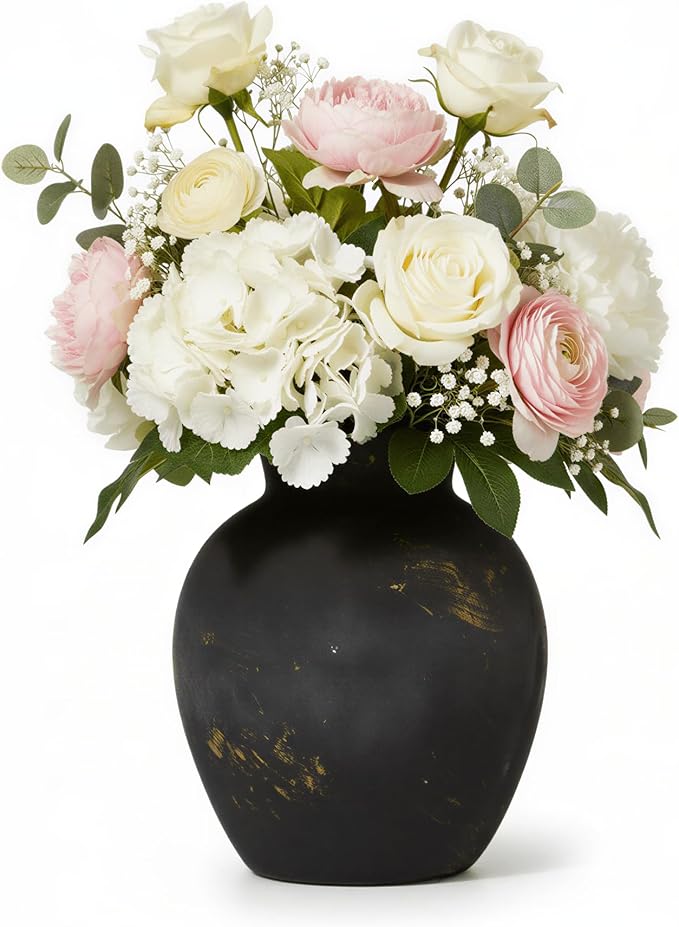 Ceramic Flower Vase, 6-Inch Black Pottery Rustic Farmhouse Boho Vase, Handcrafted Decorative Vase for Home Decor, Centerpieces, Table, Living Room, Mantel, Shelf