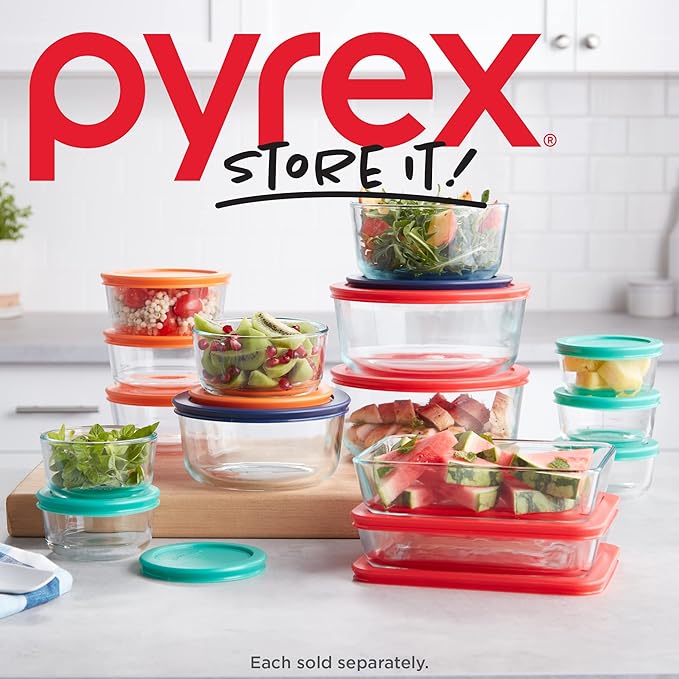 Pyrex Simply Store 3-Pack (1, 2 & 4 Cup) Small Round Glass Food Storage Containers Set, Snug Fit Non-Toxic Plastic BPA-Free Lids, Freezer Dishwasher Microwave Safe