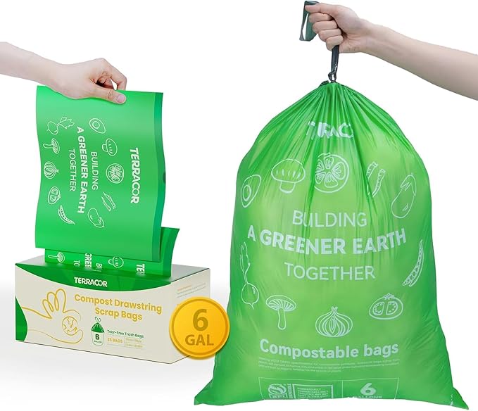 6 Gallon Compostable Trash Bags Drawstring, Heavy Duty Extra Thick 1 Mil, 35 Bags, Tall Kitchen Food Scrap Waste Bag, ASTM D6400