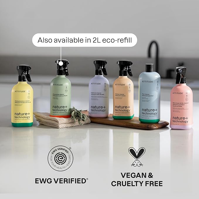 ATTITUDE Window & Mirror Cleaner Spray, Plant-Based Ingredients, EWG Verified, Streak Free, Removes Fingerprints, Dust and Dirt, Lavender & Rosemary, 26 Fl Oz