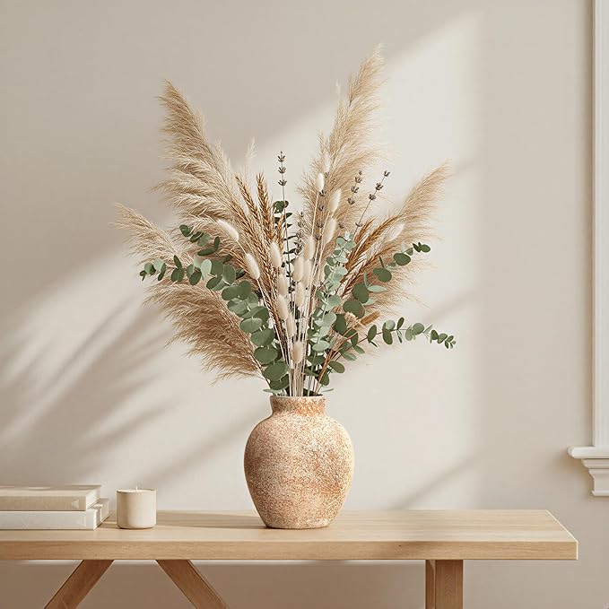 Ceramic Flower Vase, 6-Inch Terracotta Pottery Rustic Farmhouse Boho Vase, Handcrafted Decorative Vase for Home Decor, Centerpieces, Table, Living Room, Mantel, Shelf