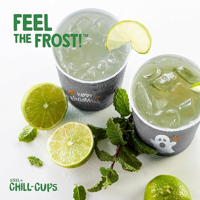 16 oz. Party Cups 'Happy Halloween' Ghost Design for Cold Drinks, Durable, Disposable, Recyclable, Made in USA, Gray, 12 Count