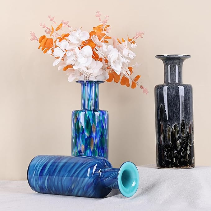 Blown Glass Cylindrical vase, Modern Art Glass Tall vase for Home Decoration Table Centerpiece, Wedding, Living Room Coffee Table, entryway Entry Table top, TV Cabinet Decoration and Ornament. (Blue)