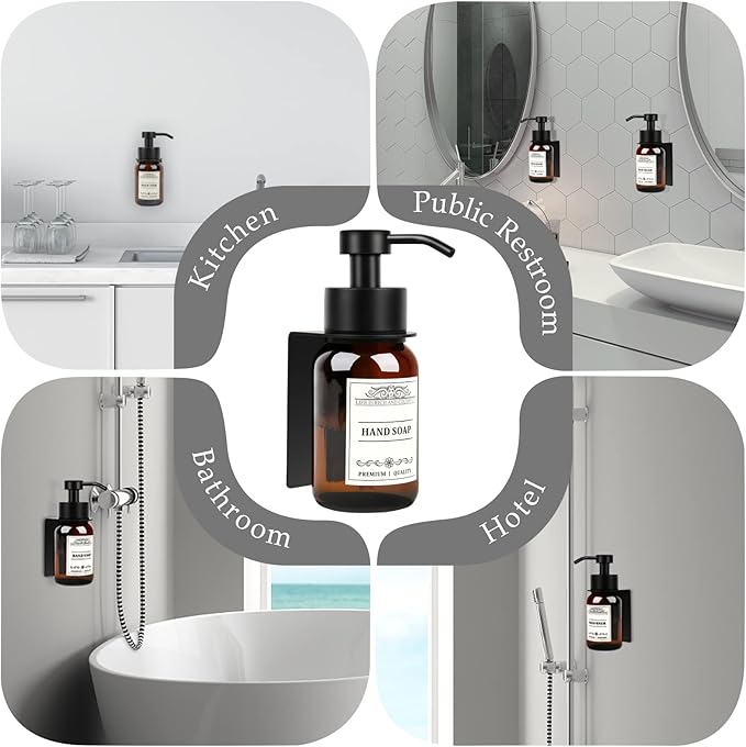 8.5oz Glass Soap Dispenser 2 Pack - Shampoo,Conditioner and Dish Soap Dispenser with Pump,Wall Mount Holder and Waterproof Labels for Kitchen and Bathroom (Brown)