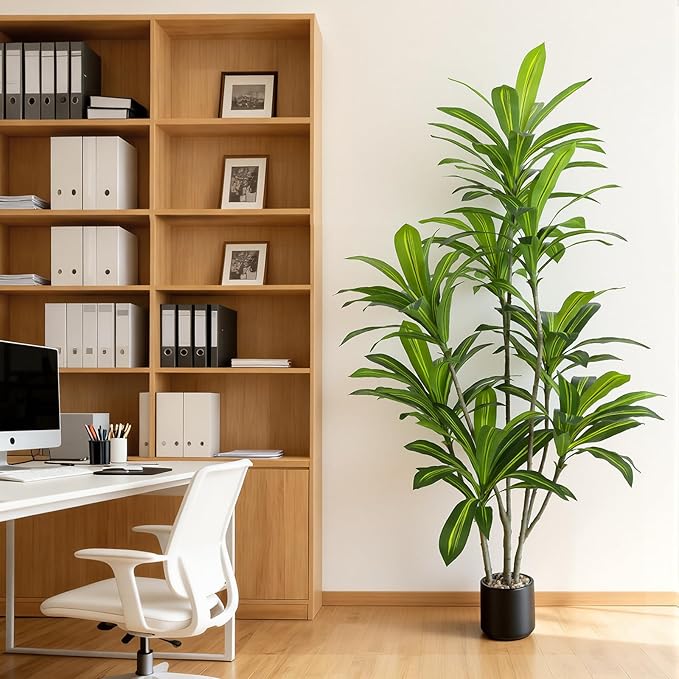 6FT Artificial Dracaena Tree, Faux Dracaena Plant with Stones in Black Round Planter, Tall Fake Floor Plant for Indoor Home Office Living Room Decor