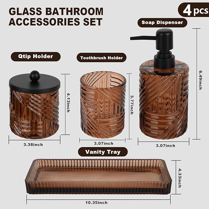 Bathroom Accessories Set,4 Pcs Amber Glass Bathroom Accessories Sets Complete with Lotion Soap Dispenser,Toothbrush Holder,Qtip Holder Dispenser and Vanity Tray,Bathroom Countertop Vanity Organizer