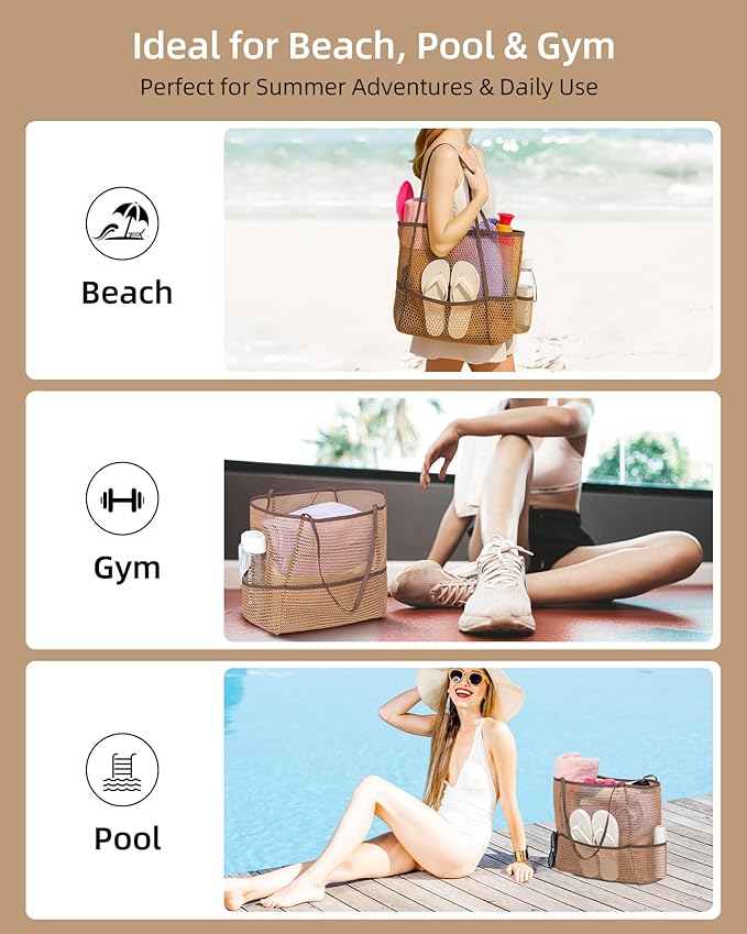 Mesh Beach Tote Bag Packable,2025 New 2-in-1 Large Lightweight Foldable Beach Bags with Multiple Pockets for Women
