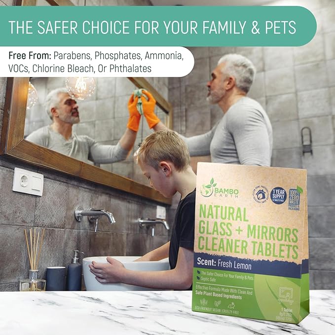 12 Pack Natural Glass & Mirror Cleaner Spray - Window Cleaning Tablets Refill - Eco-Friendly Product & Cleaning Supplies - 1 Tablet = 17oz Spray (204oz Total) - Fresh Lemon