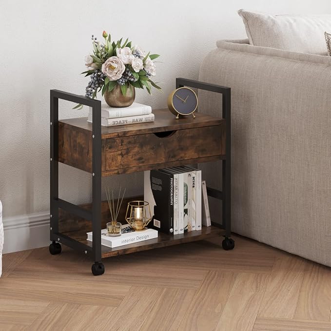 TigerDad Mobile Printer Stand with Storage Drawer, Utility Carts with Wheels, File Cabinet Workspace Desk Organizer Shelf for Home Office