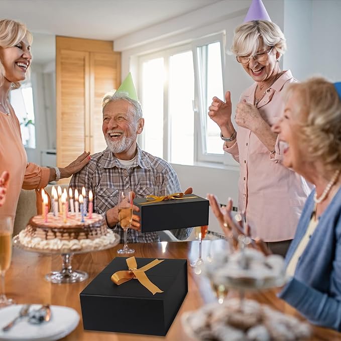CHARMGIFTBOX Gift Boxes with Lids, 9x9x3 Inch Black Gift Box with Ribbon Card Fancy Gift Wrap Boxes for Festival Anniversary Birthday Groomsmen Proposal Weddings Boyfriend Father's Day