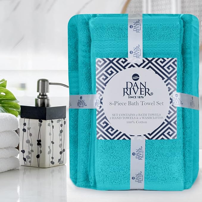 DAN RIVER 8 PC Luxury Bath Towels for Bathroom, 2 Bath, 2 Hand, and 4 Wash Cloths, 600 GSM 100% Ring Spun Cotton Towel Set, Highly Absorbent, Gym, Hotel, and Spa, Aqua